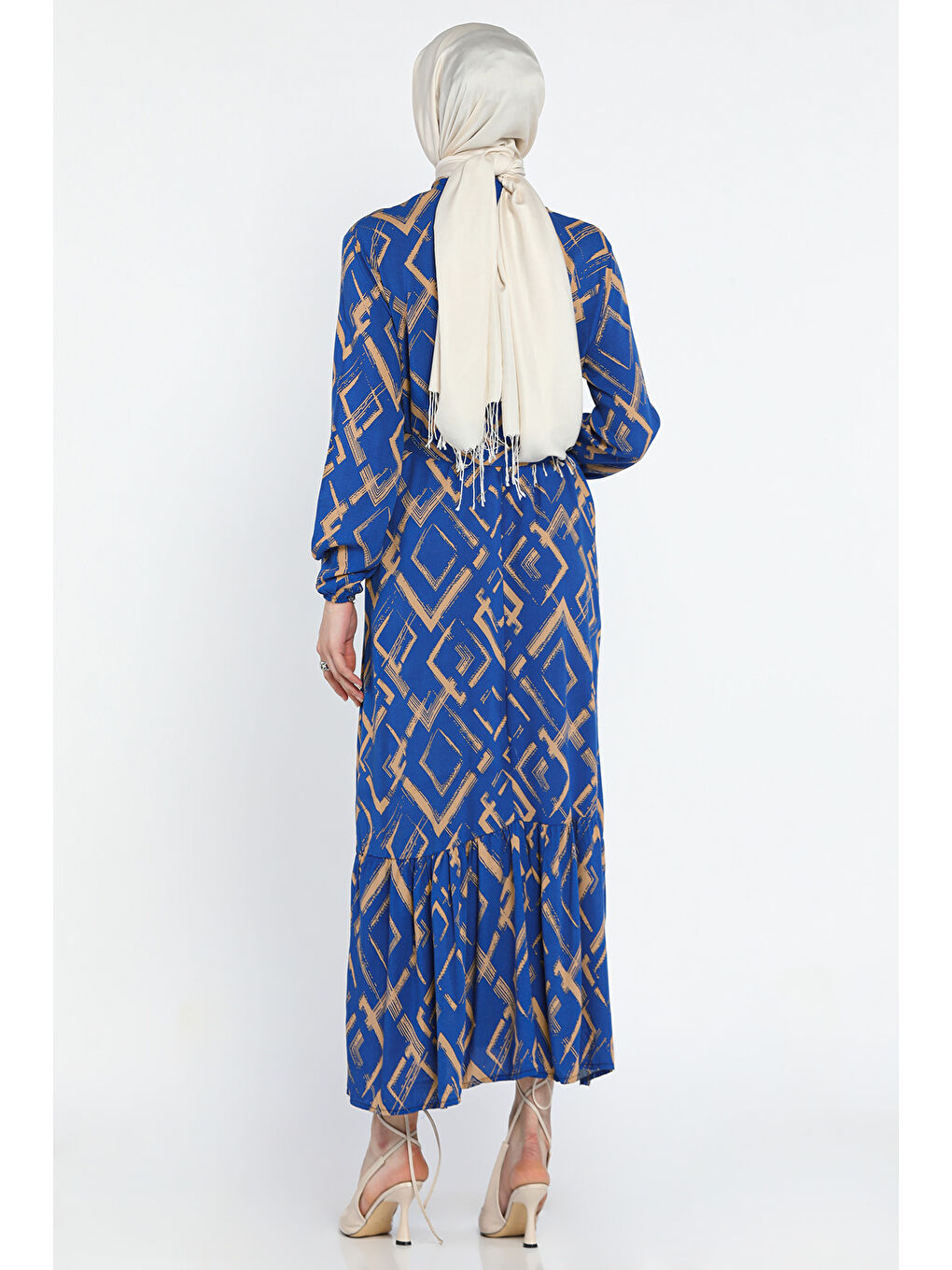 Mavi Desenli Bel Kuşaklı Tesettür Viskon Elbise-4