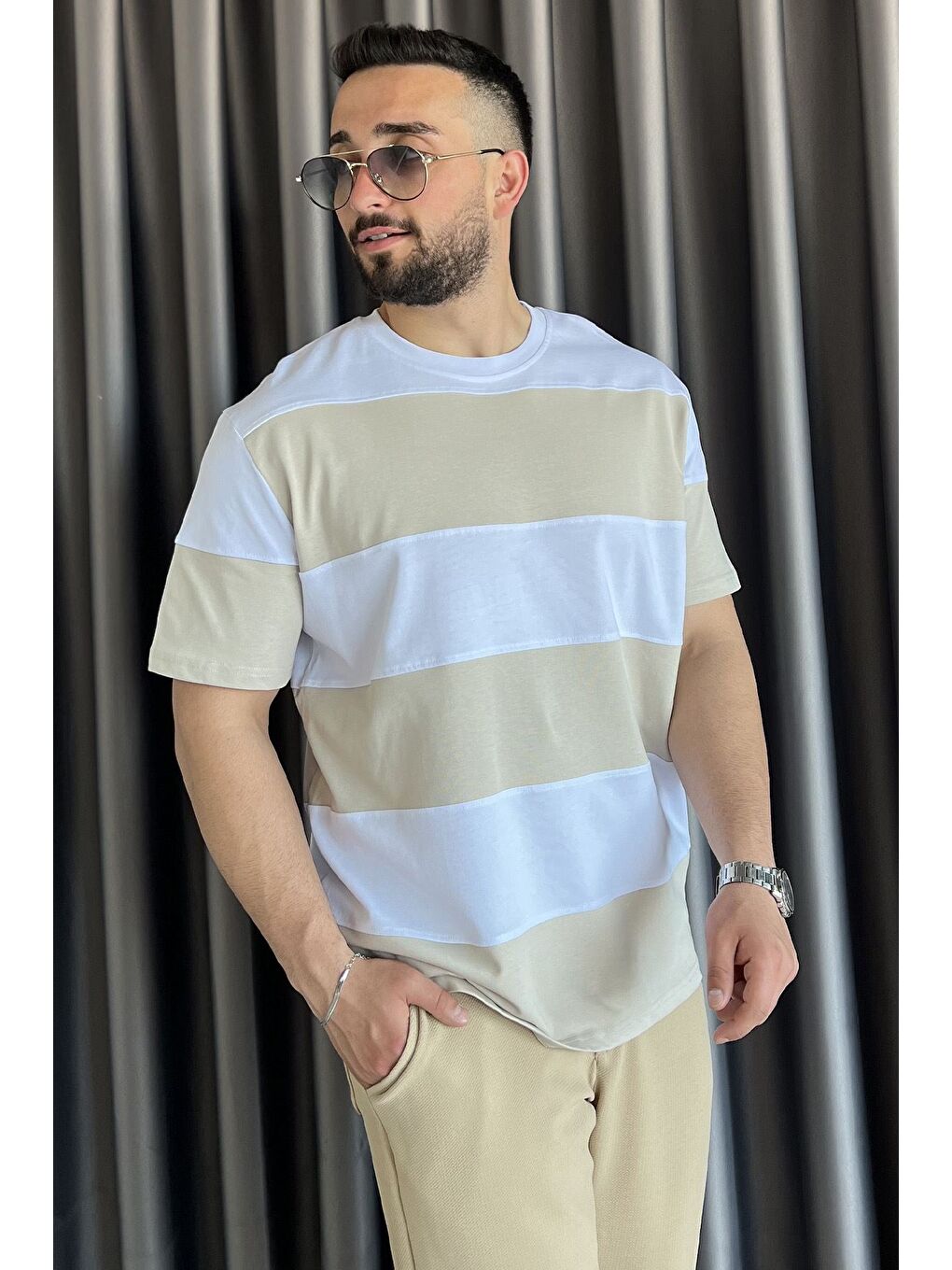 Beyaz Bisiklet Yaka Parçalı Erkek Tişört-1