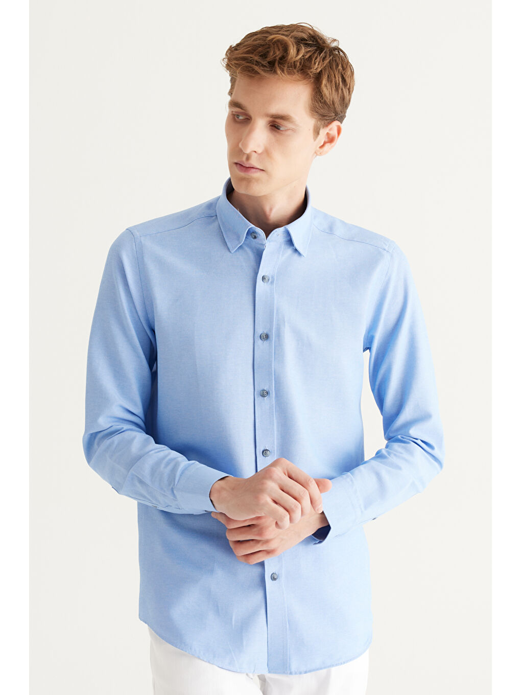 Erkek Mavi Slim Fit Dar Kesim Düğmeli Yaka Uzun Kollu Oxford Gömlek-3