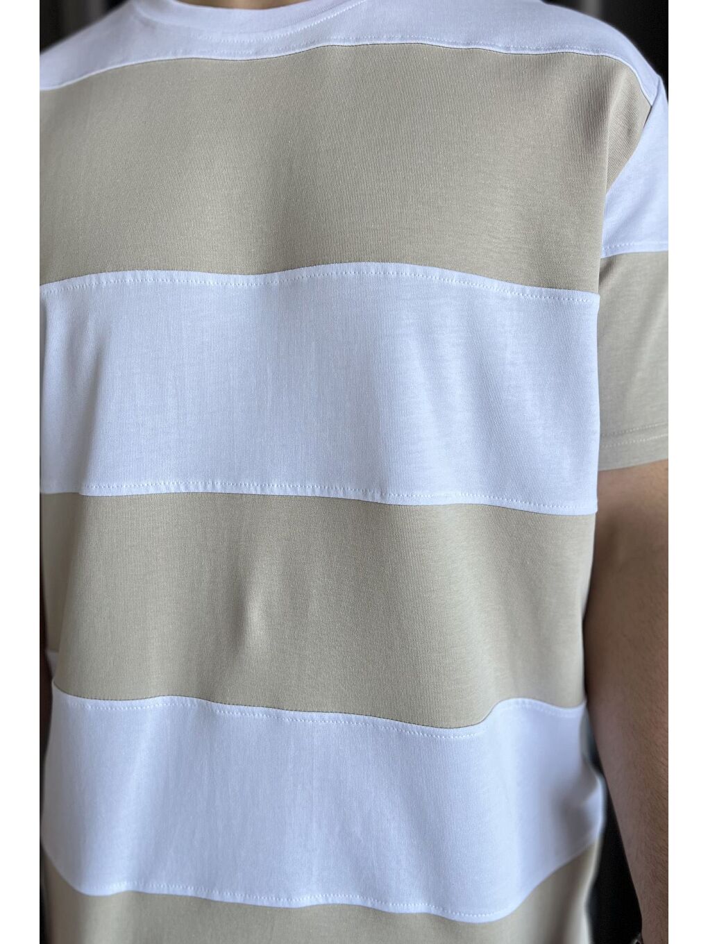 Beyaz Bisiklet Yaka Parçalı Erkek Tişört-3