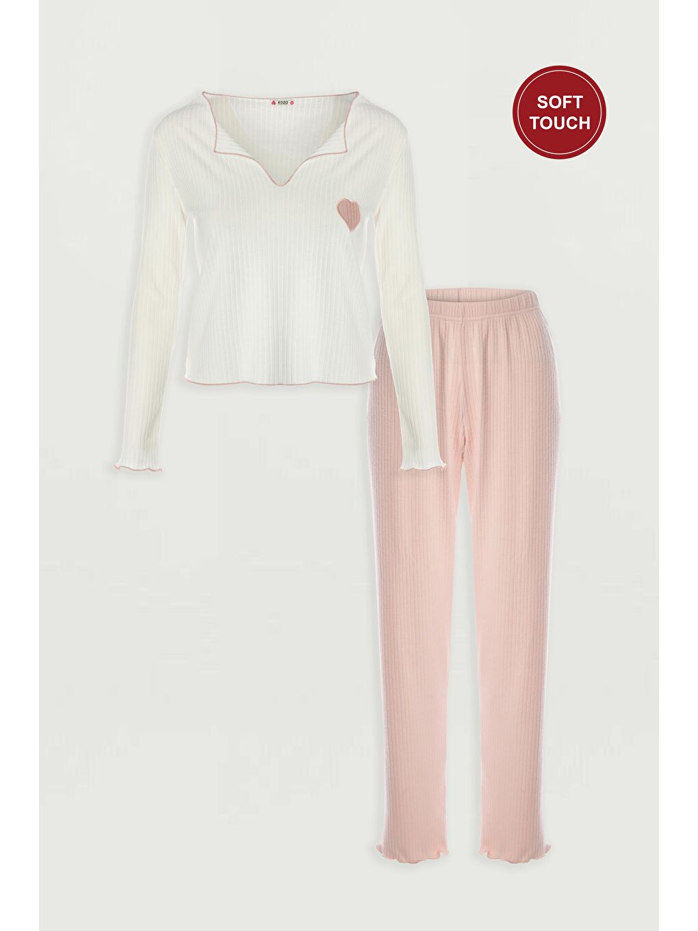 Lila Kadın Soft Touch Fitilli Kalp Detaylı Uzun Kollu Pijama Takımı