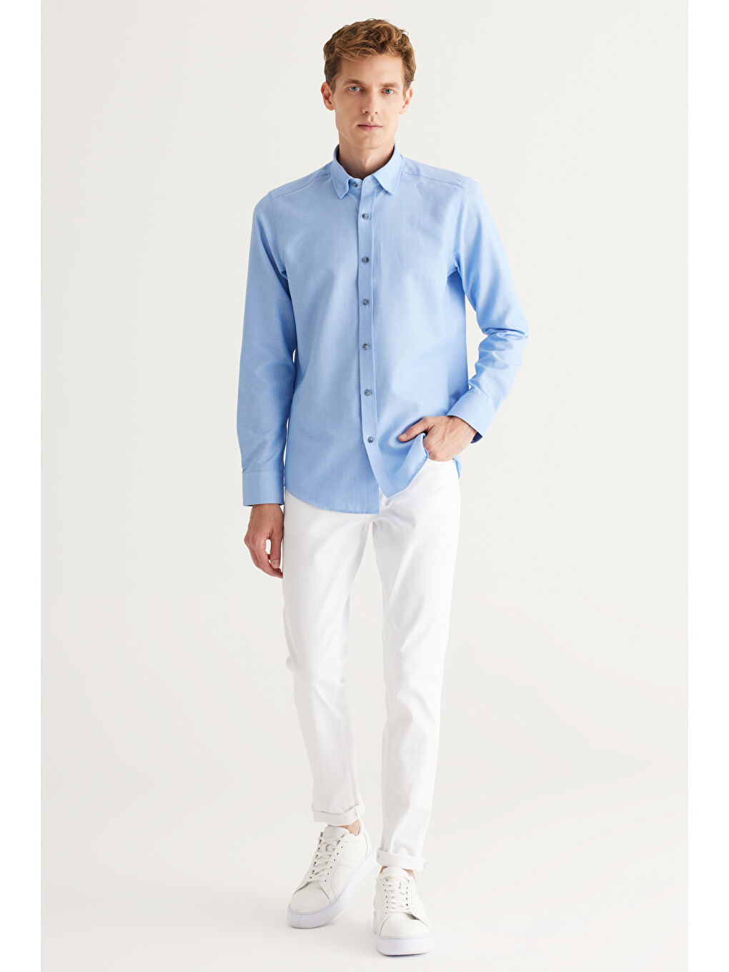 Erkek Mavi Slim Fit Dar Kesim Düğmeli Yaka Uzun Kollu Oxford Gömlek-4