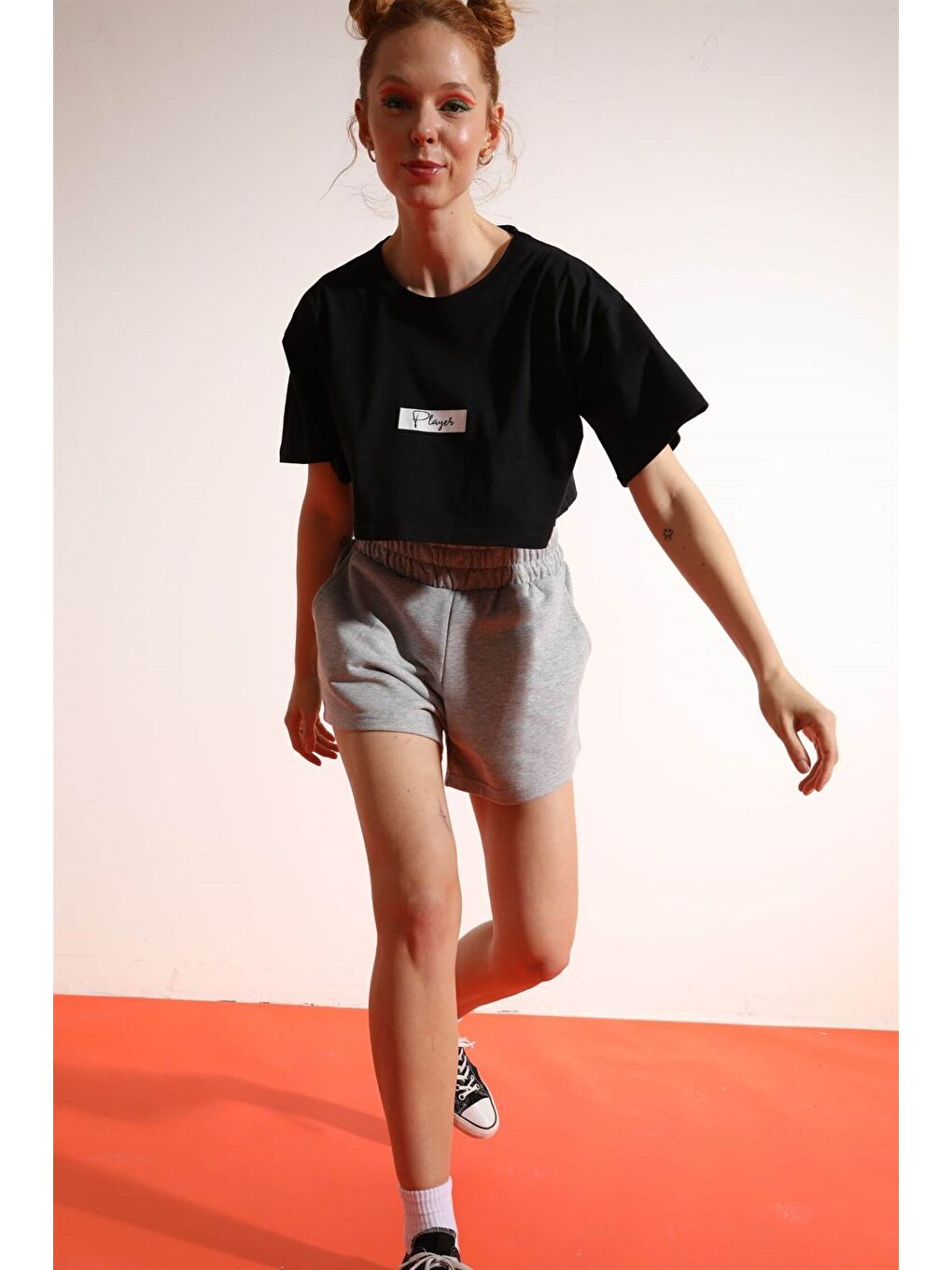 Kadın Kısa Player Siyah T-Shirt-2