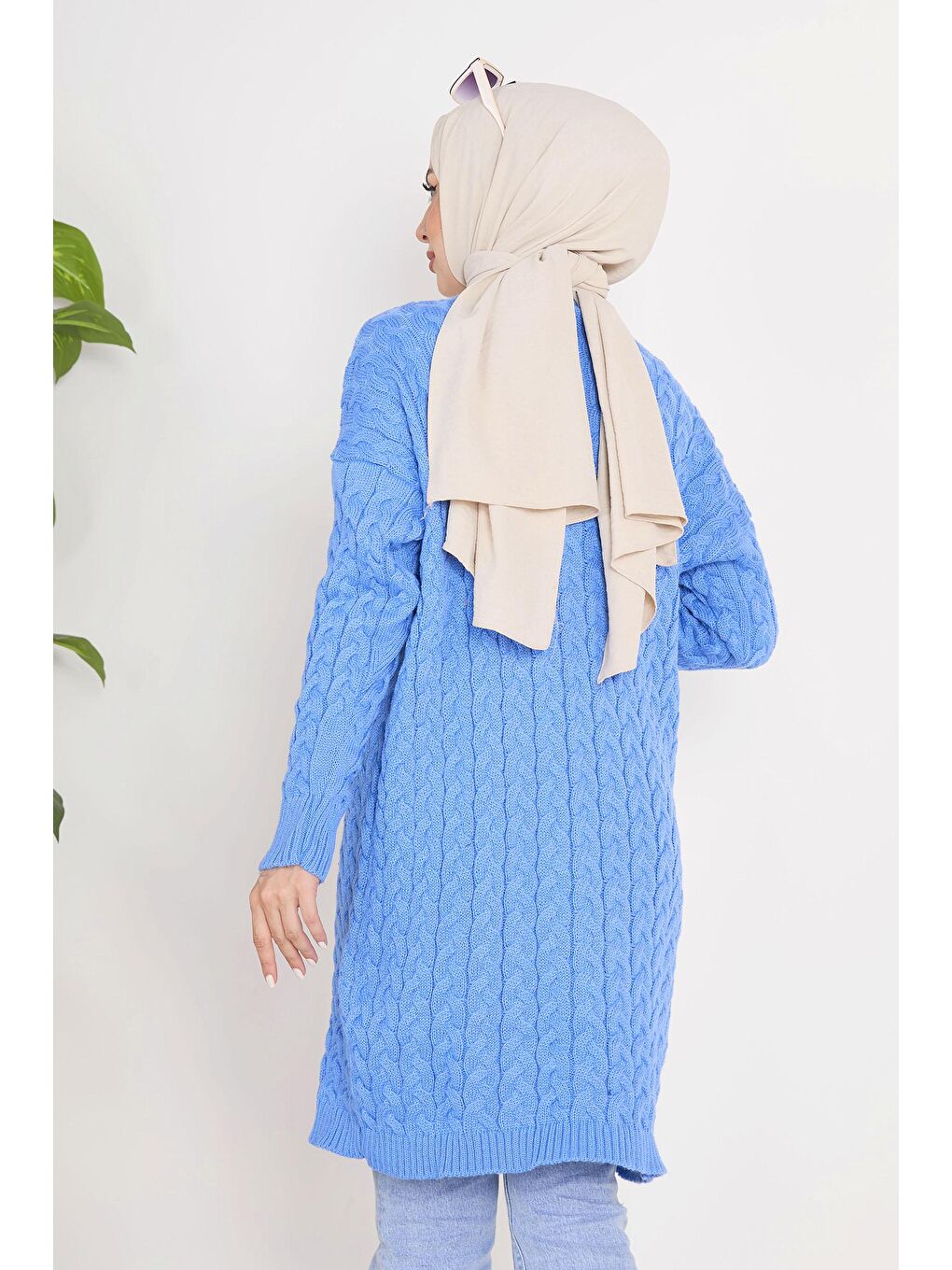 Ceket Yaka Kadın Mavi Triko Hırka - 23093-4