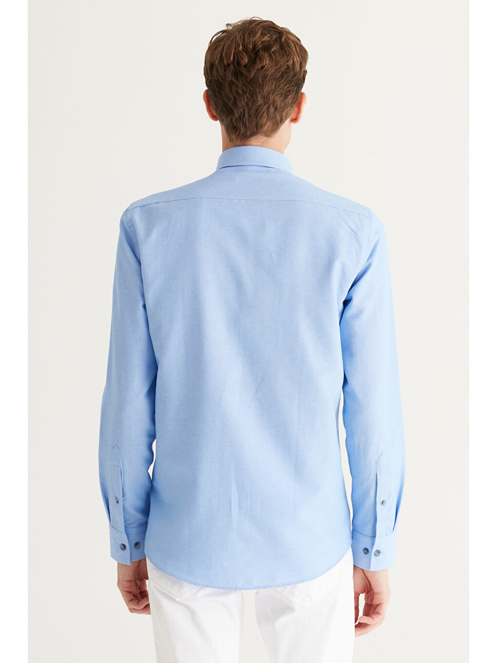 Erkek Mavi Slim Fit Dar Kesim Düğmeli Yaka Uzun Kollu Oxford Gömlek-5