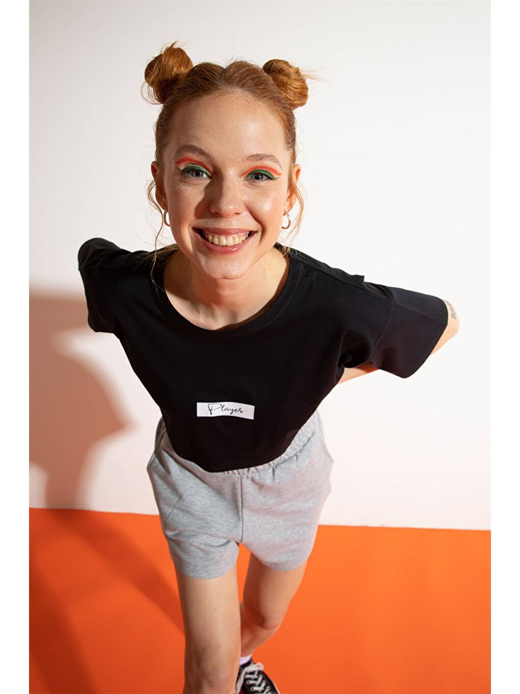 Kadın Kısa Player Siyah T-Shirt-3