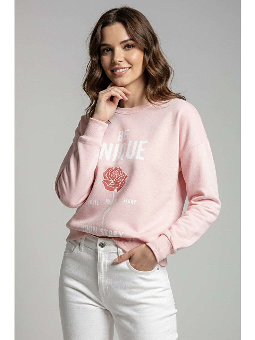 Baskılı İki İplik Sweatshirt Pembe - 27992-PEMBE-1