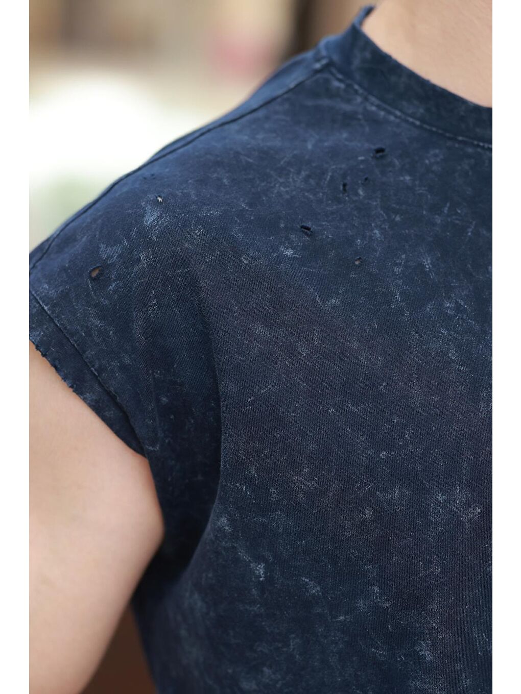 Lacivert Basic Erkek Yırtık Detaylı Şort T-Shirt Takım E7319-2