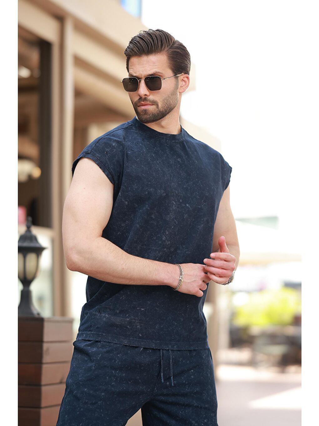 Lacivert Basic Erkek Yırtık Detaylı Şort T-Shirt Takım E7319-3