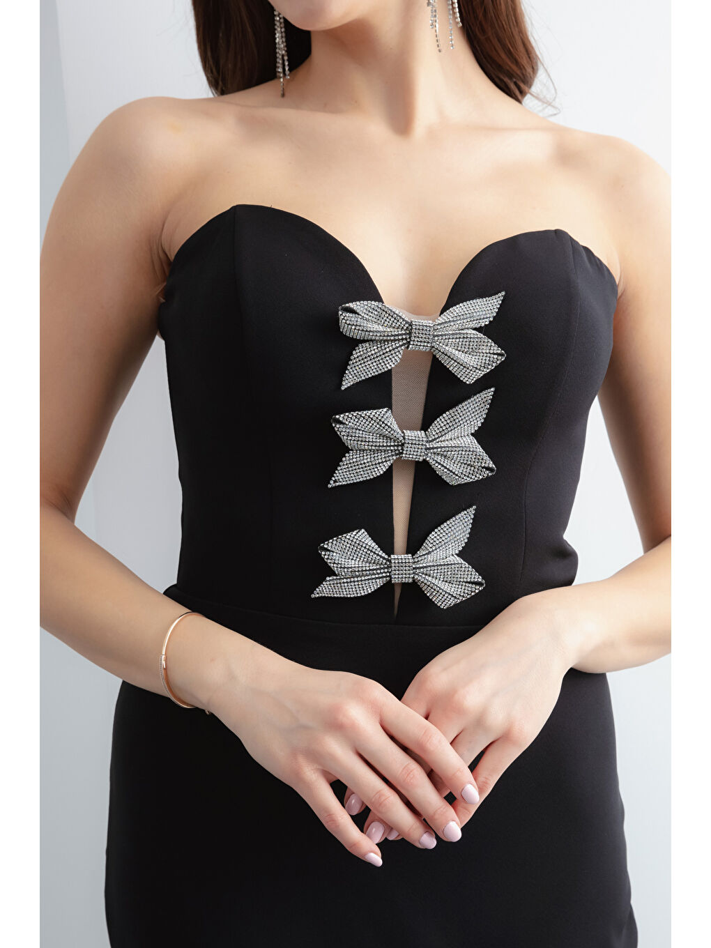 Kadın Siyah Straplez Fiyonk Detay Uzun Söz Nişan Nikah Abiye Elbise-1