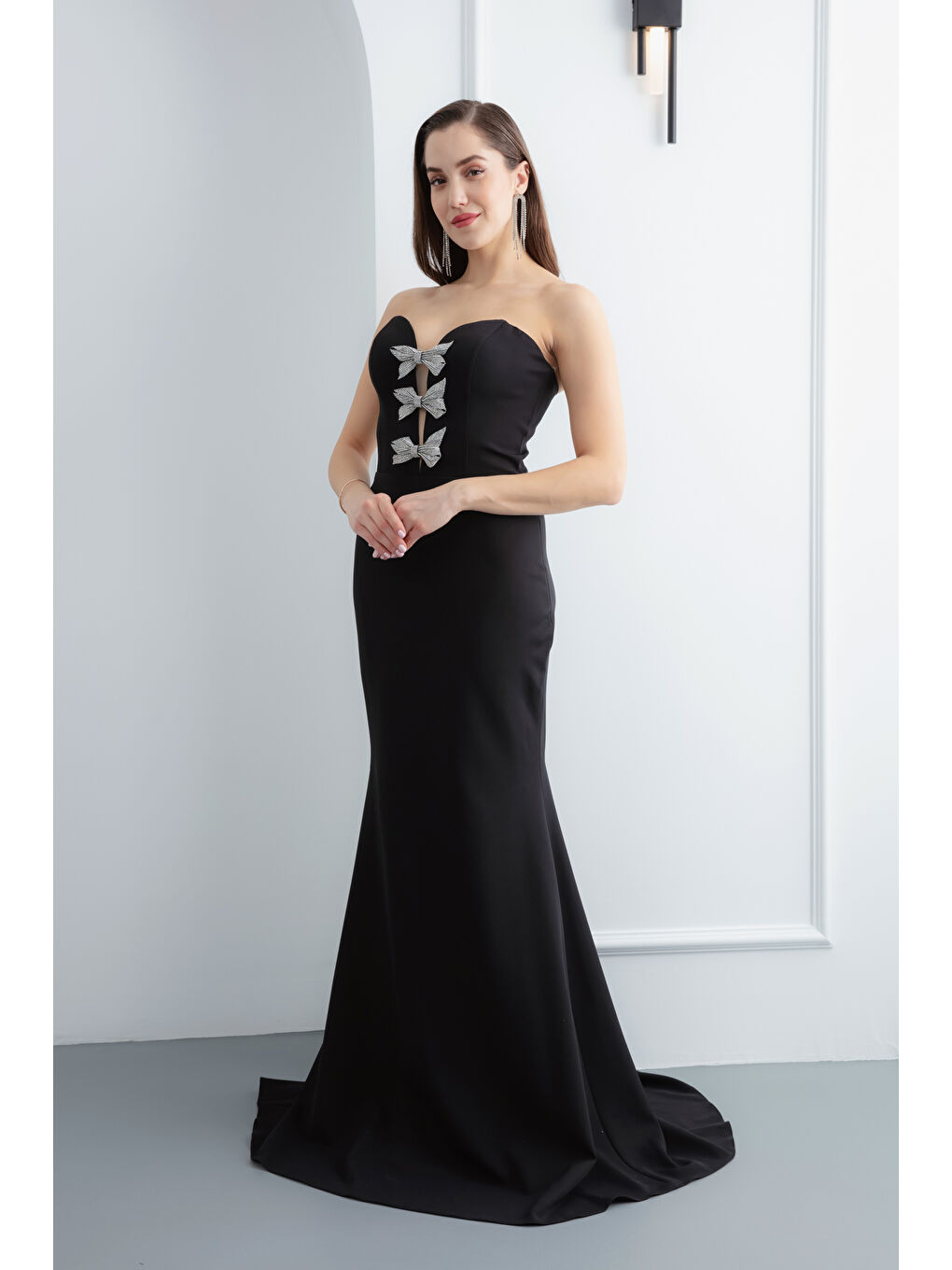 Kadın Siyah Straplez Fiyonk Detay Uzun Söz Nişan Nikah Abiye Elbise-2