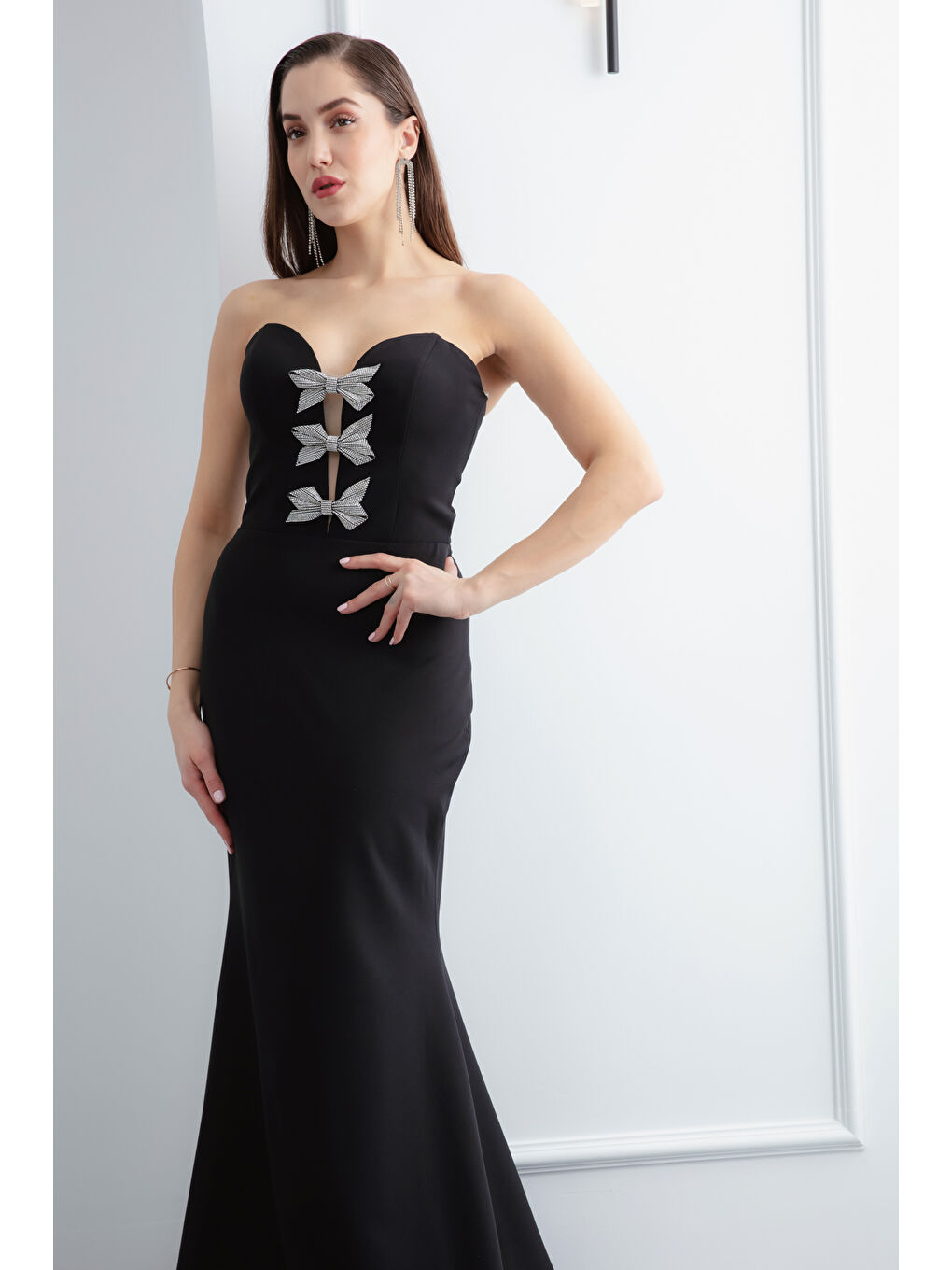 Kadın Siyah Straplez Fiyonk Detay Uzun Söz Nişan Nikah Abiye Elbise-3
