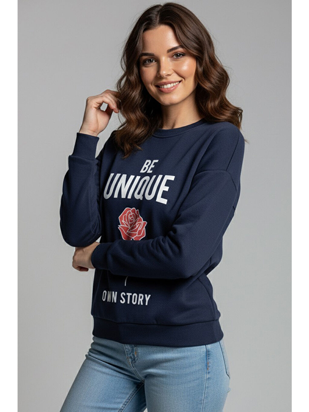 Baskılı İki İplik Sweatshirt Lacivert - 27992-LACIVERT