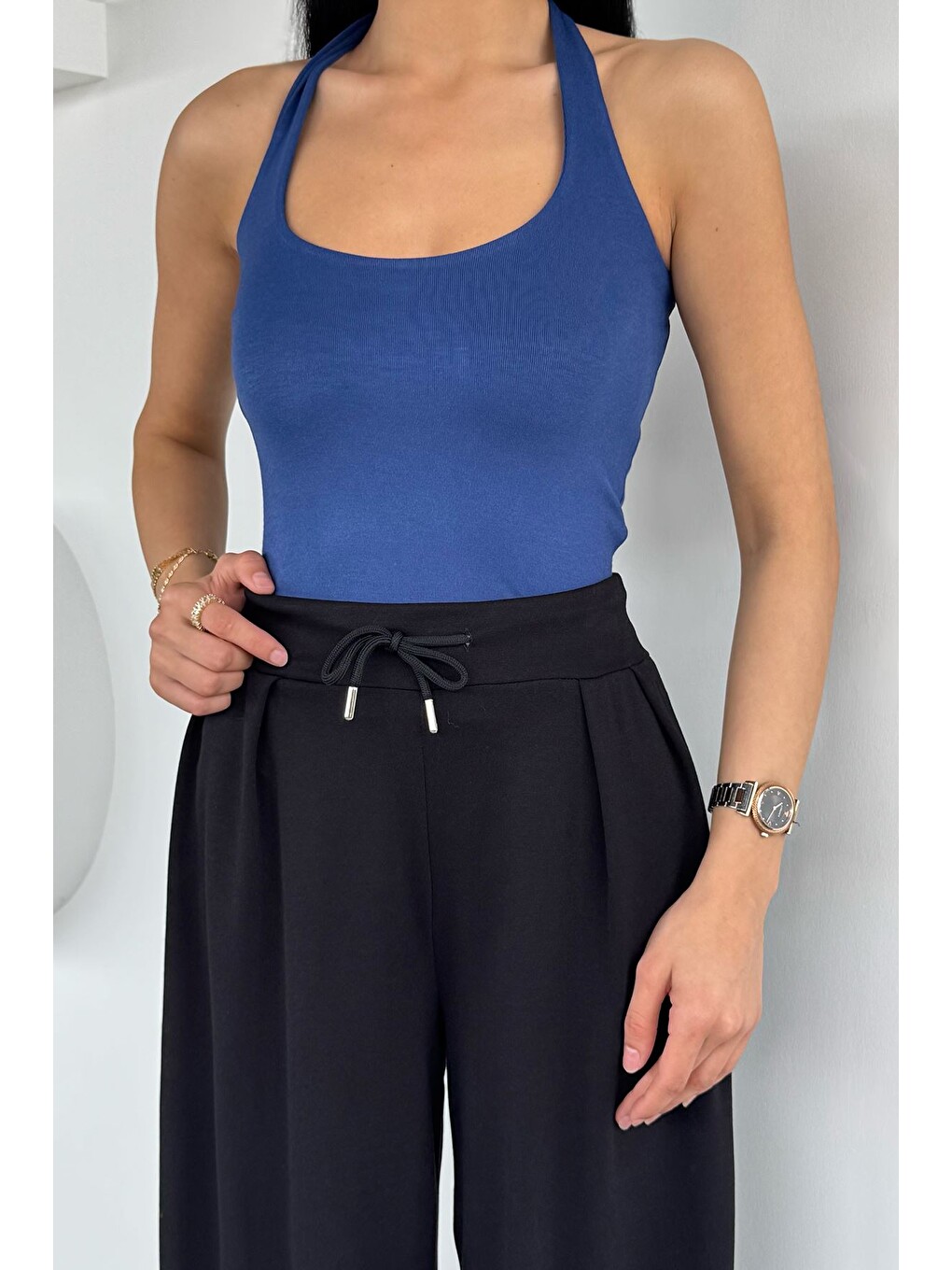 Lacivert Kadın Halter Yaka Bluz-1