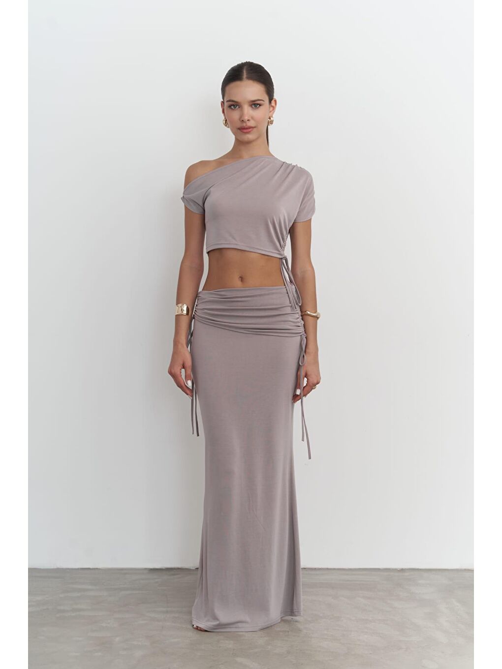 Ivan Büzgülü Lila Crop Etek Takım-1