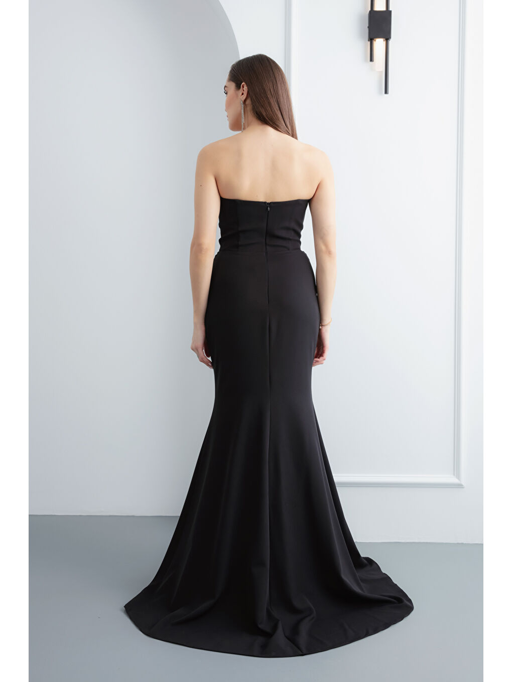 Kadın Siyah Straplez Fiyonk Detay Uzun Söz Nişan Nikah Abiye Elbise-4