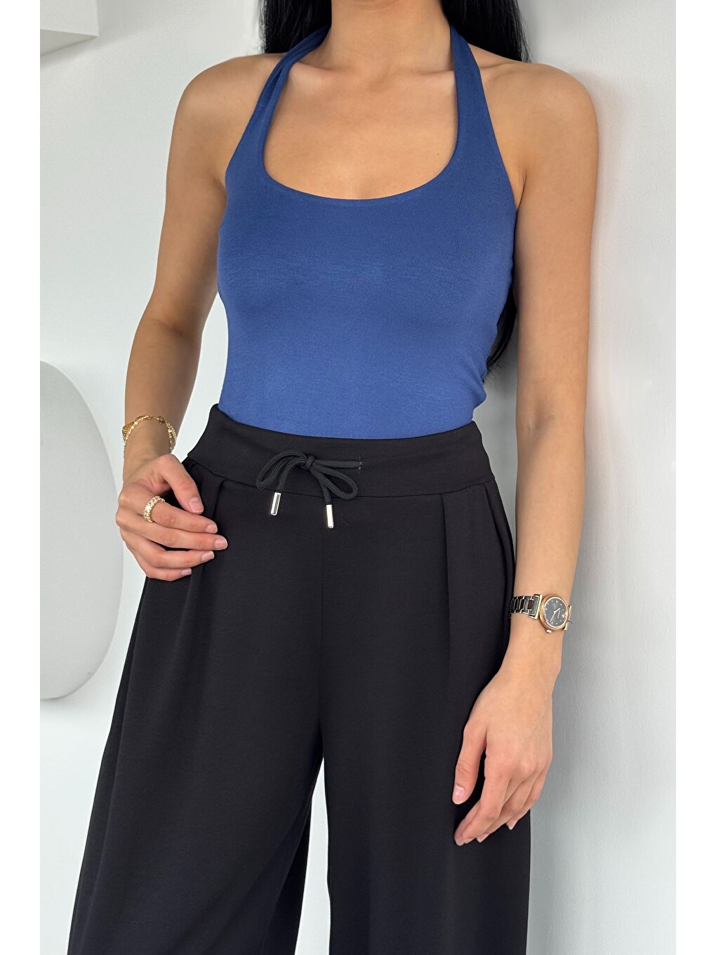 Lacivert Kadın Halter Yaka Bluz-2