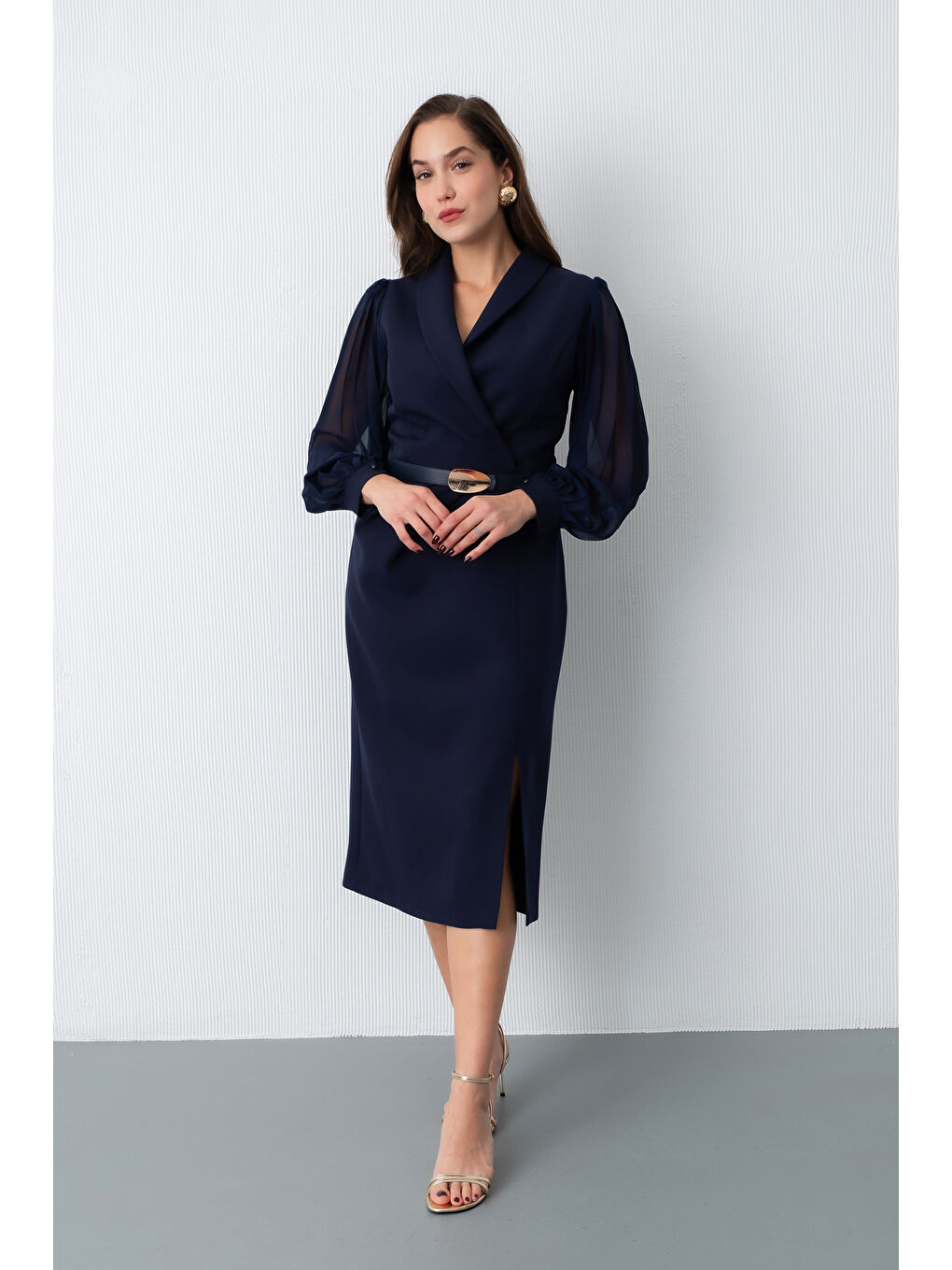 Kadın Lacivert Kemerli Midi Abiye Elbise-1