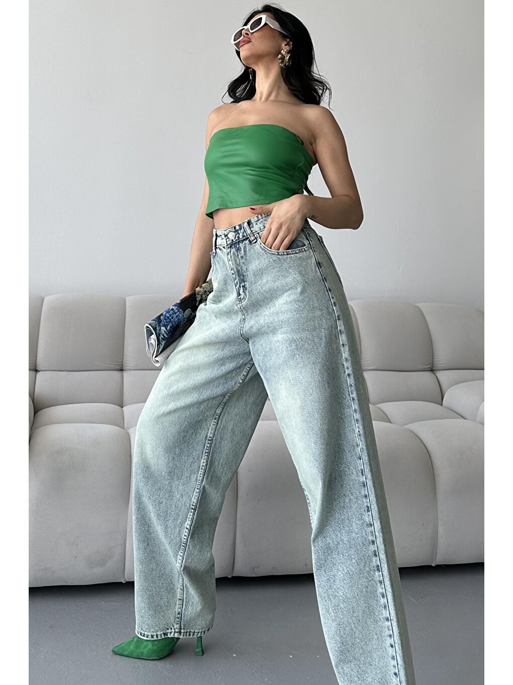 Bıyık Baggy Jean Pantolon Yeşil Tint Yikama - 27268