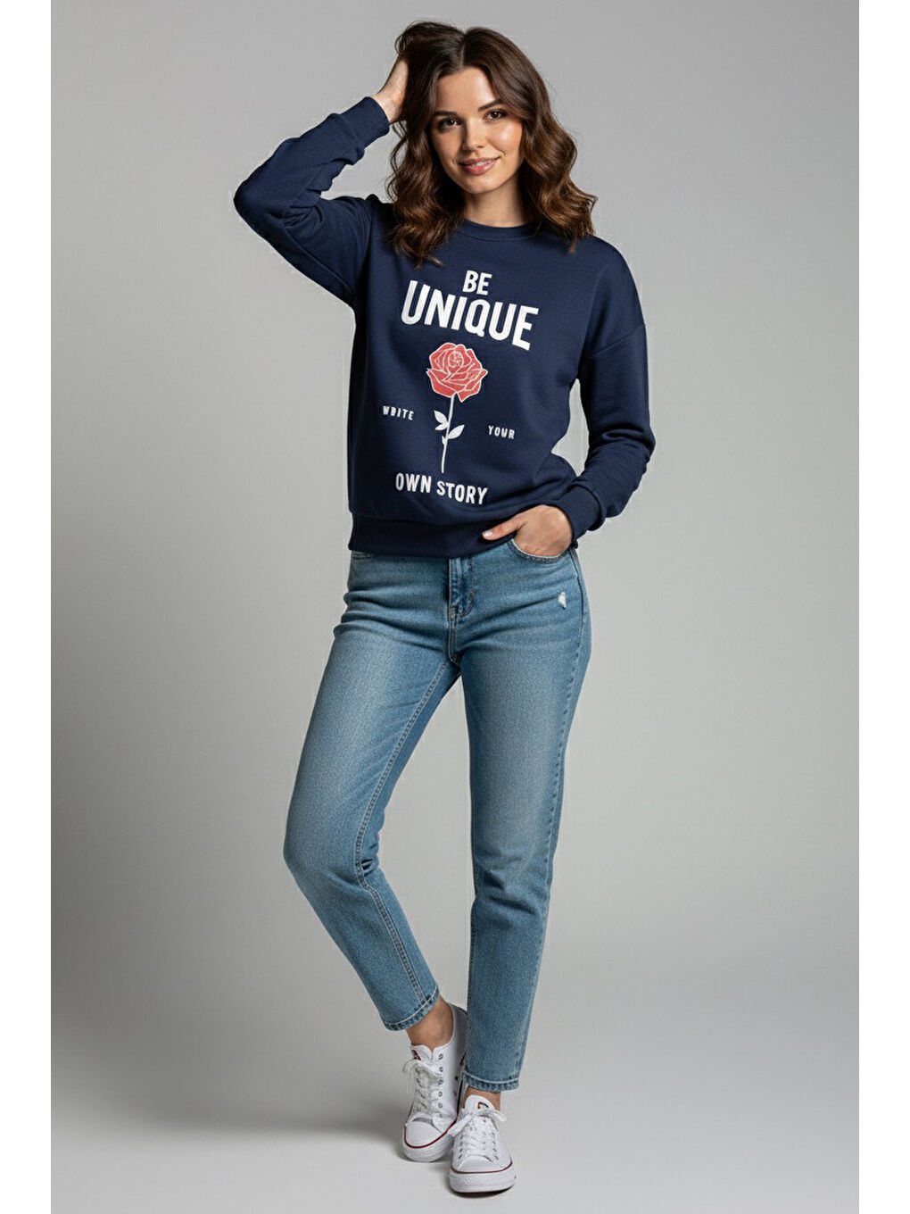 Baskılı İki İplik Sweatshirt Lacivert - 27992-LACIVERT-1