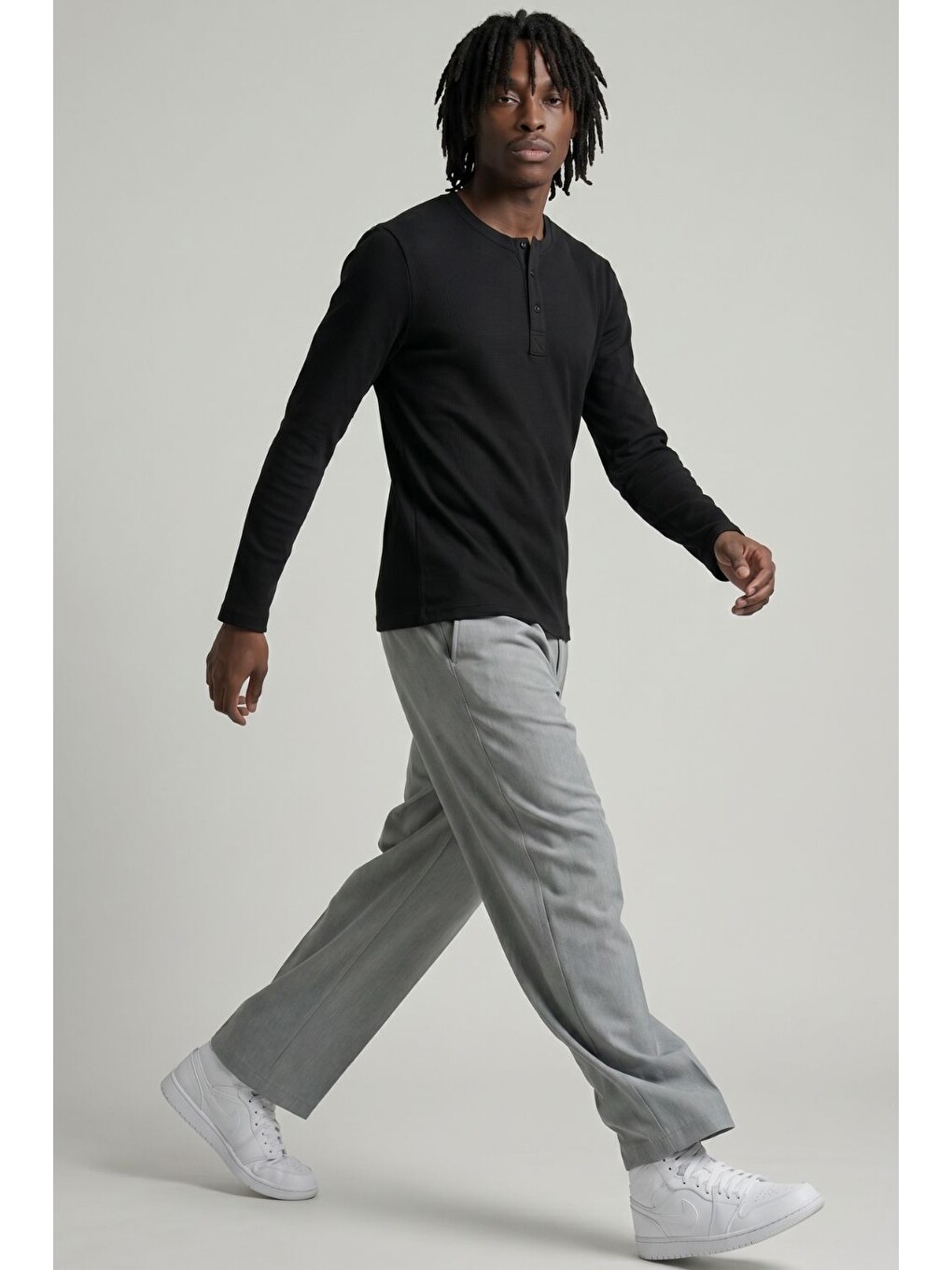 Erkek Siyah Henley  T-Shirt-4