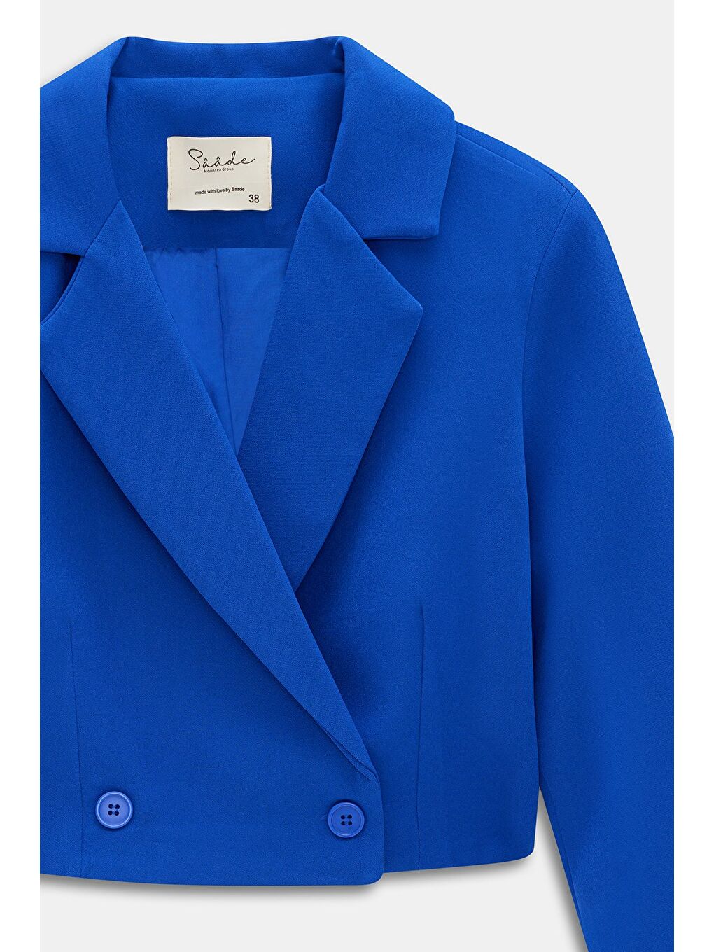 Saks Mavi Kadın Regular Fit Kruvaze Kapama Dokuma Crop Blazer Ceket -Şık & Spor-1