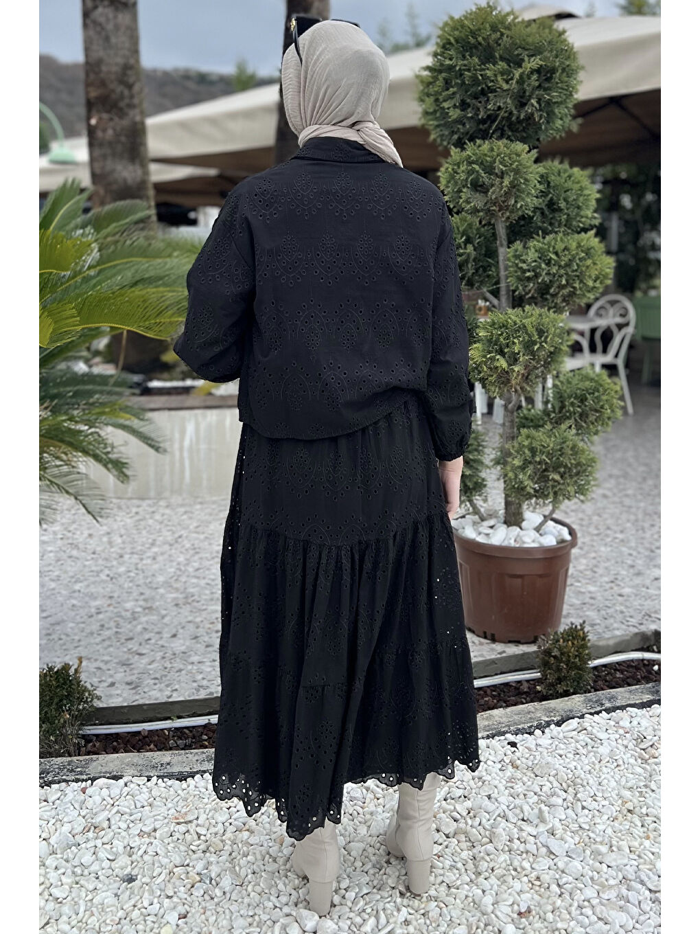 Siyah Kadın Taşlı Ve Fistolu Gömlek Etek Tesettür İkili Takım-8