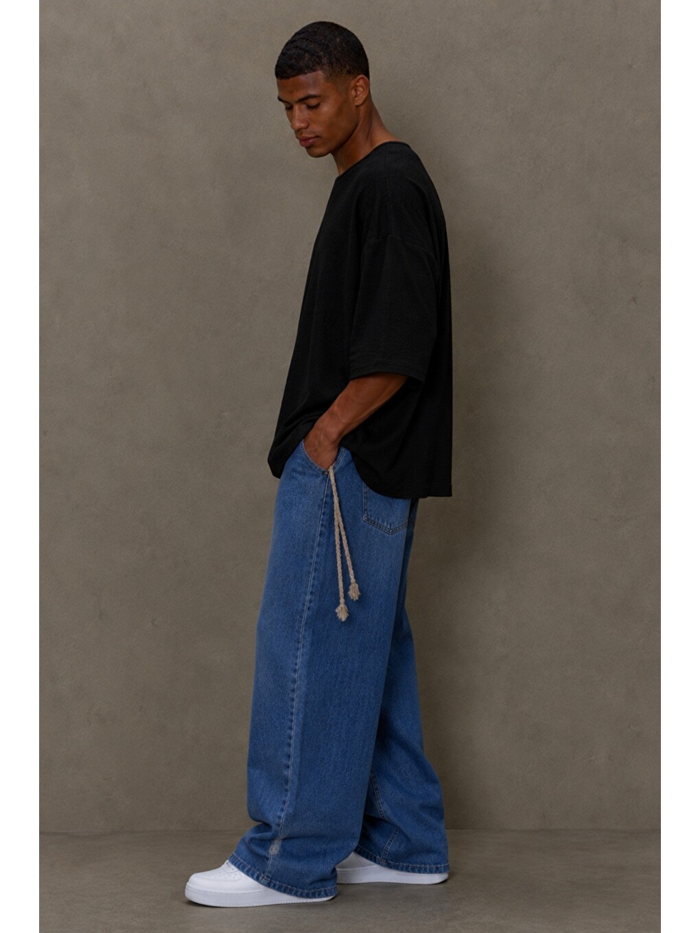 Siyah Erkek Oversize Keten Görünümlü Basic Tişört – Salaş Kesim Bisiklet Yaka Günlük Streetwear T-shirt-1