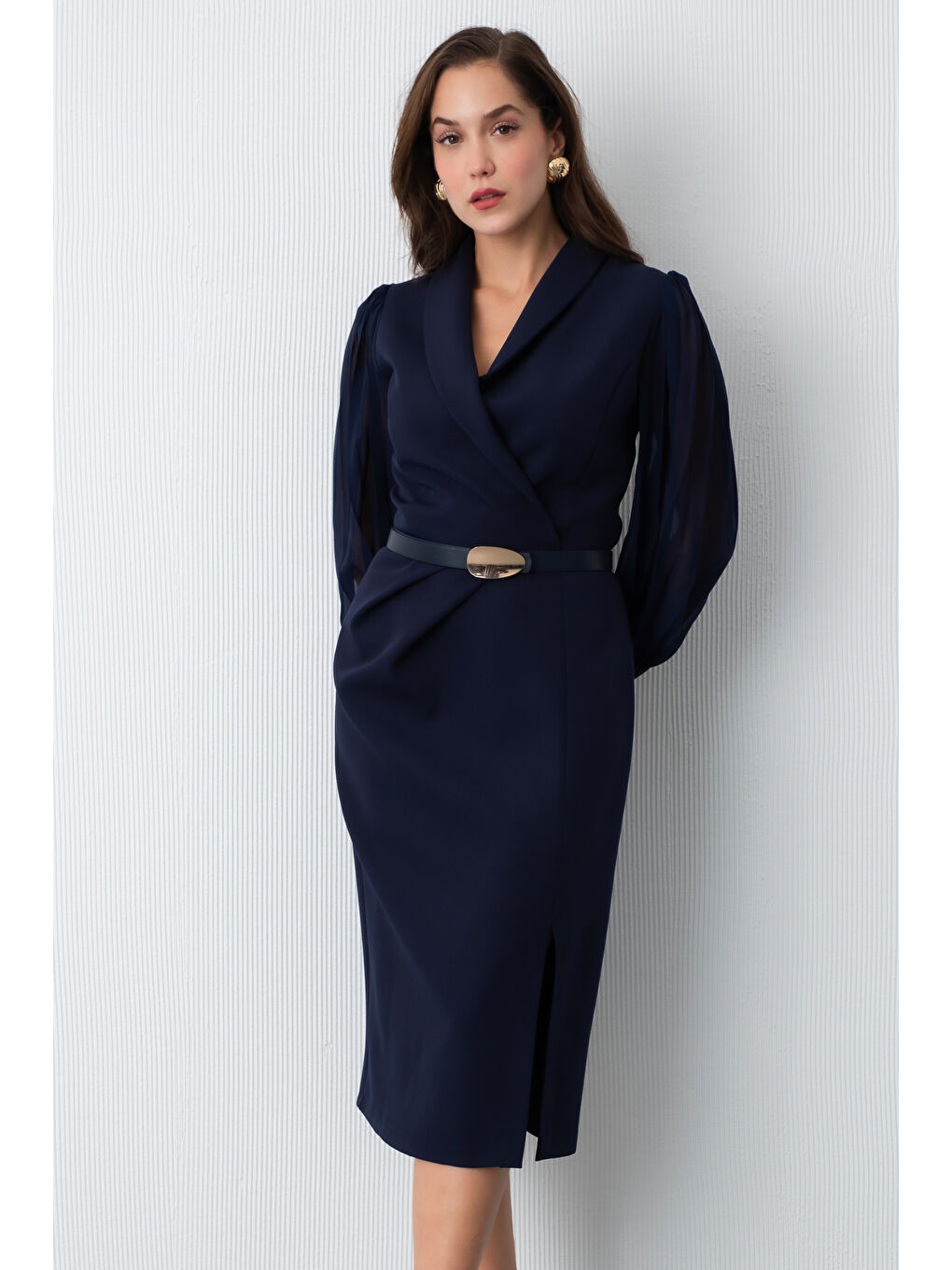Kadın Lacivert Kemerli Midi Abiye Elbise-2