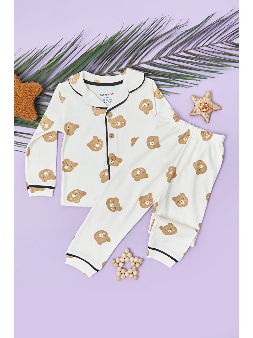 Kahverengi Ayıcık Baskılı Fitilli Unisex Çocuk Pijama Takımı