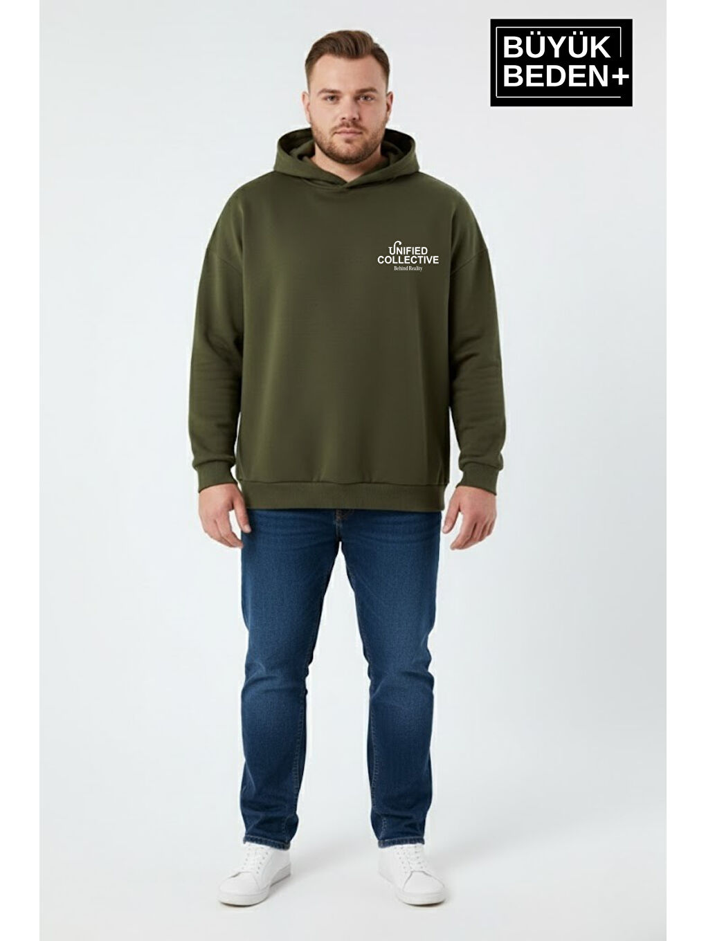 Haki Erkek Büyük Beden Hoodie –Rahat Kalıp Konforlu Unified Baskılı Sweatshirt SPR26BSW968