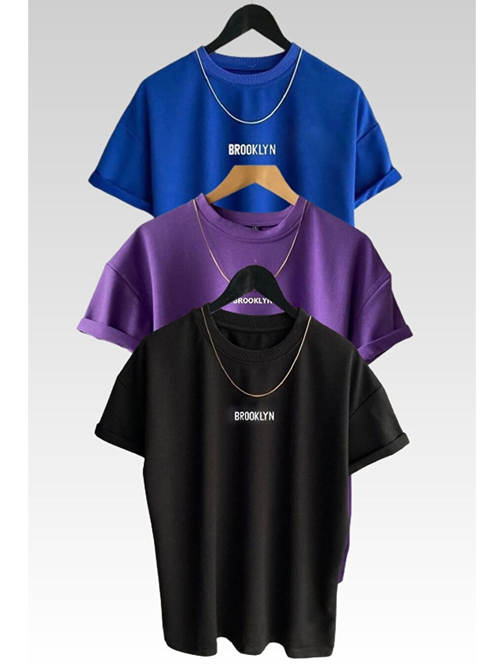 Mor Marecash Kadın Brooklyn Baskılı 3lü Paket Siyah mavi mor T shirt