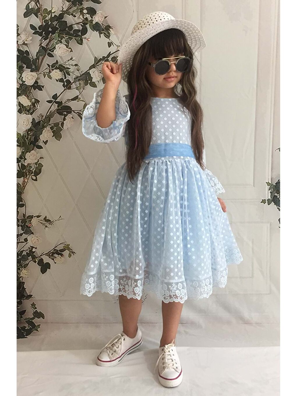 Mavi Krem Şapkalı Dantelli Kız Çocuk Elbise-1