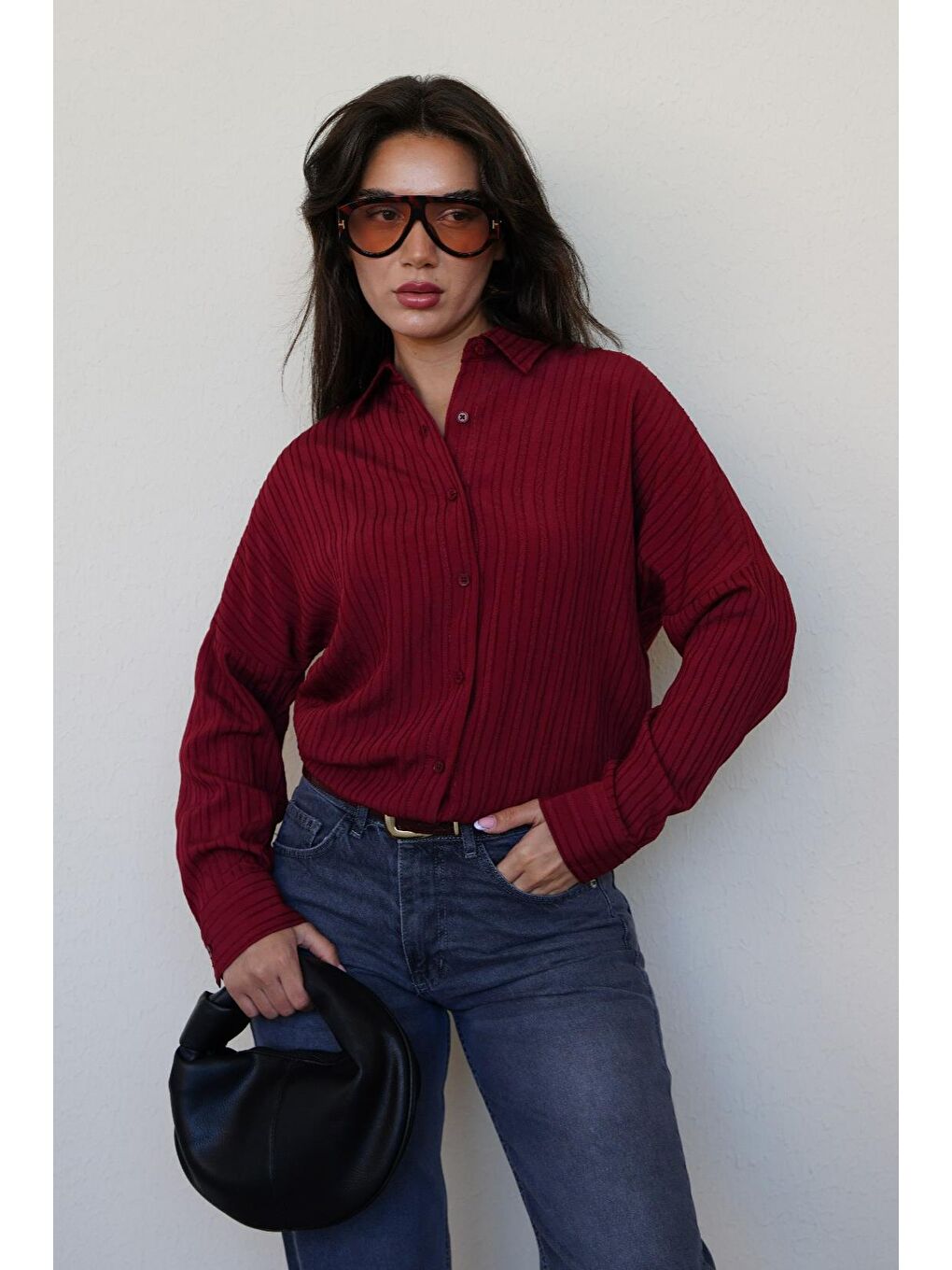 Bordo Uzun Kollu Çizgili Oversize Gömlek Mg2080