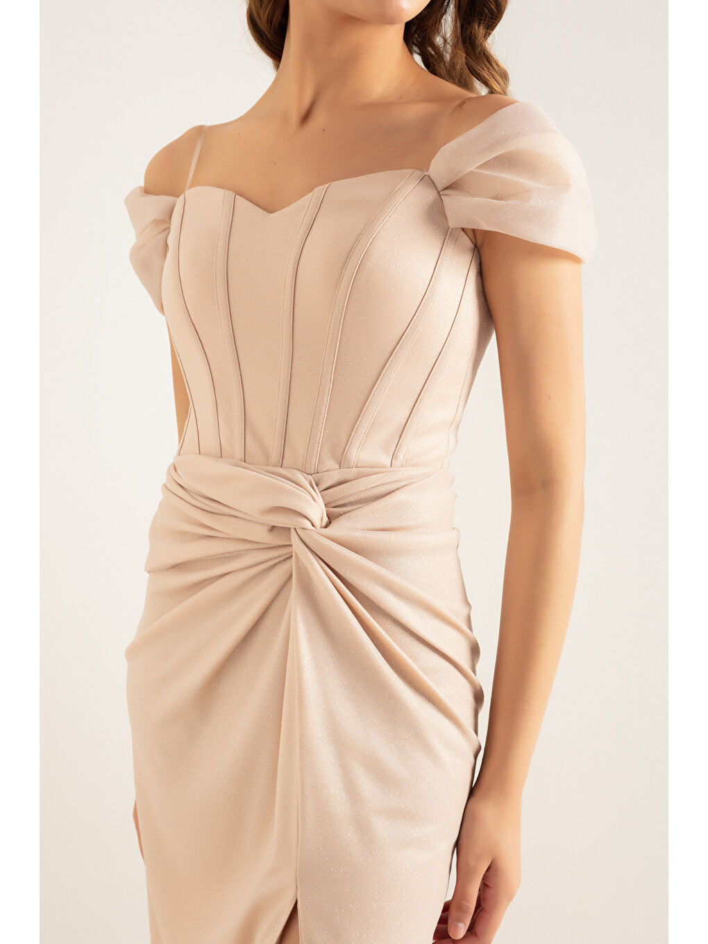 Kadın Bej Kruvaze Astarlı Korse Detaylı Uzun Simli Abiye-2