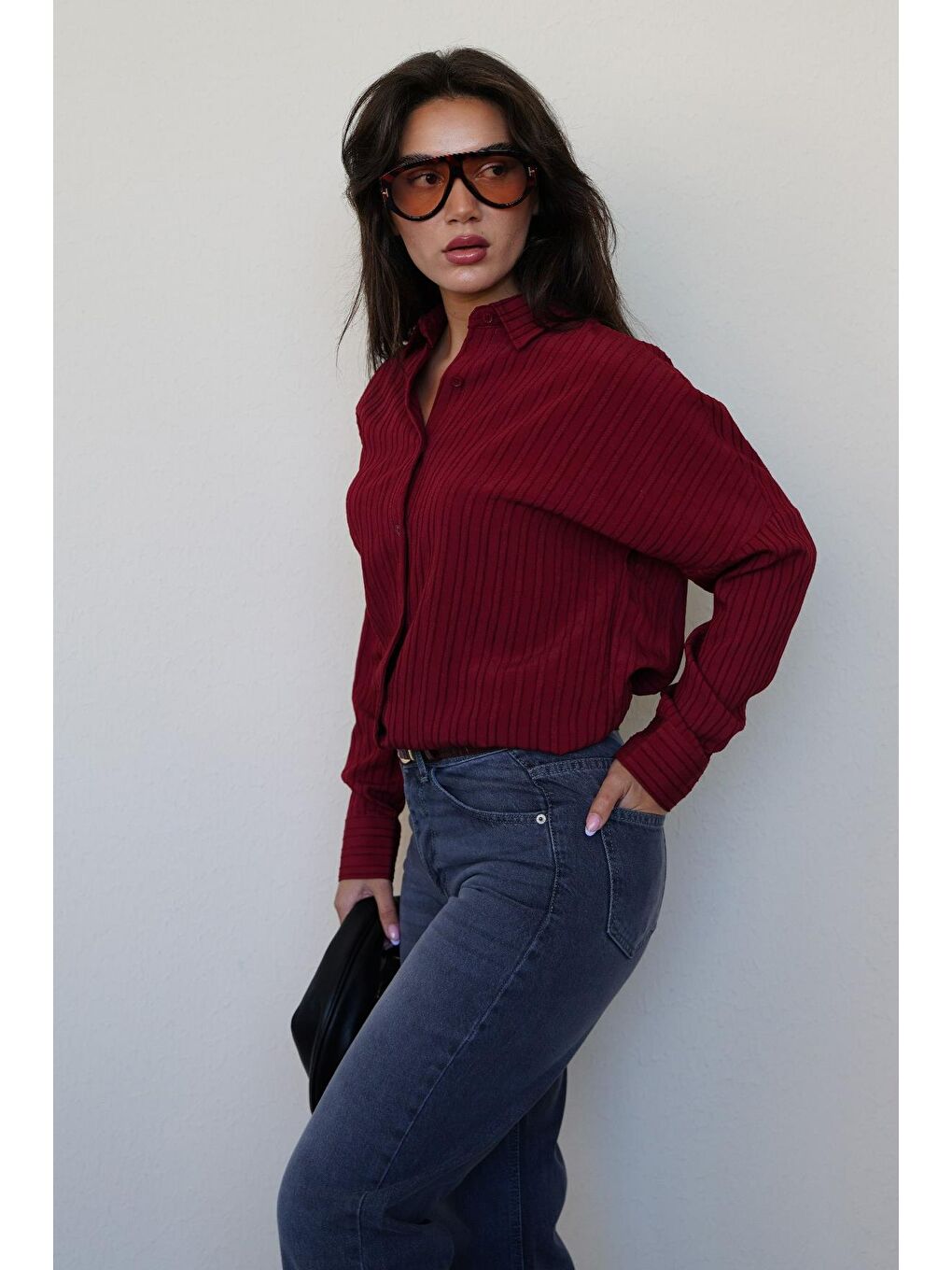 Bordo Uzun Kollu Çizgili Oversize Gömlek Mg2080-1
