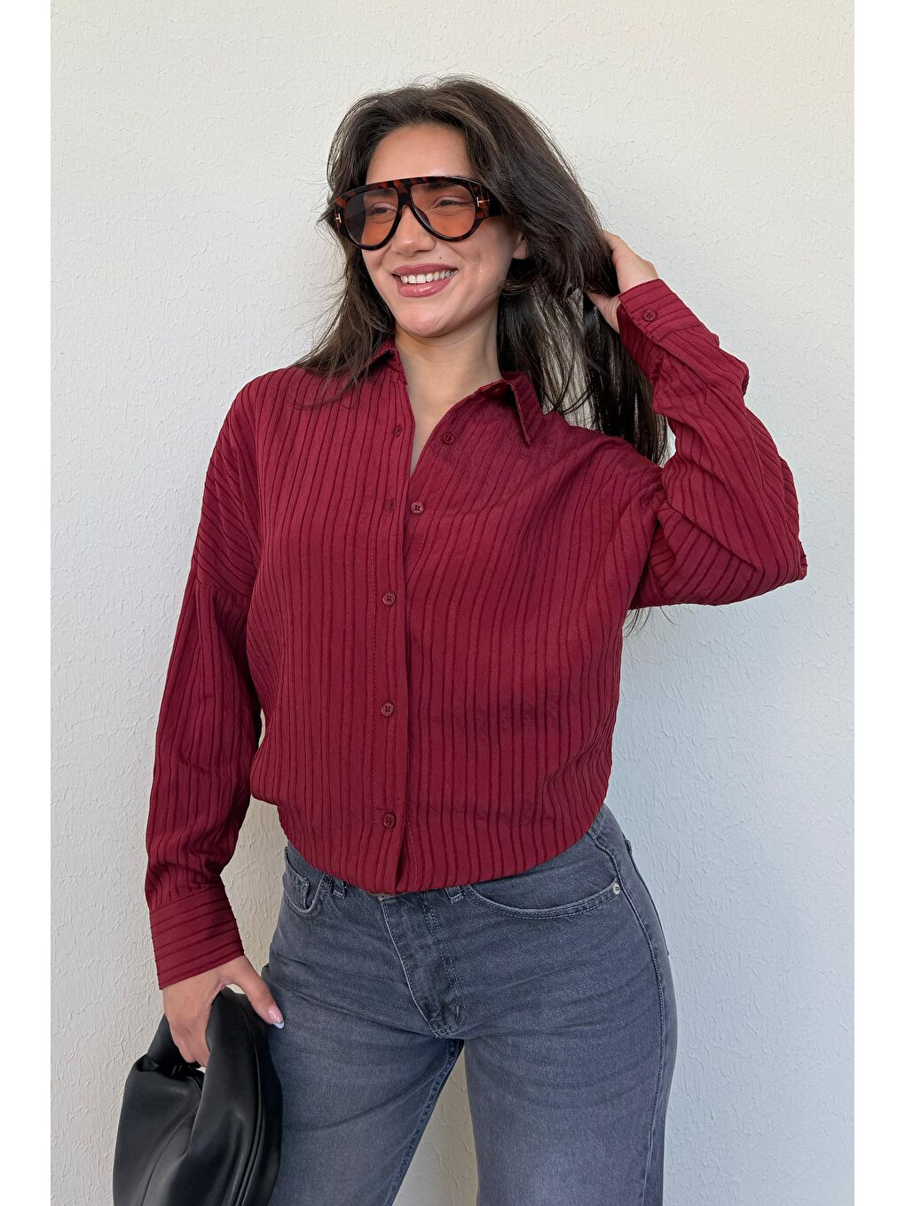 Bordo Uzun Kollu Çizgili Oversize Gömlek Mg2080-2
