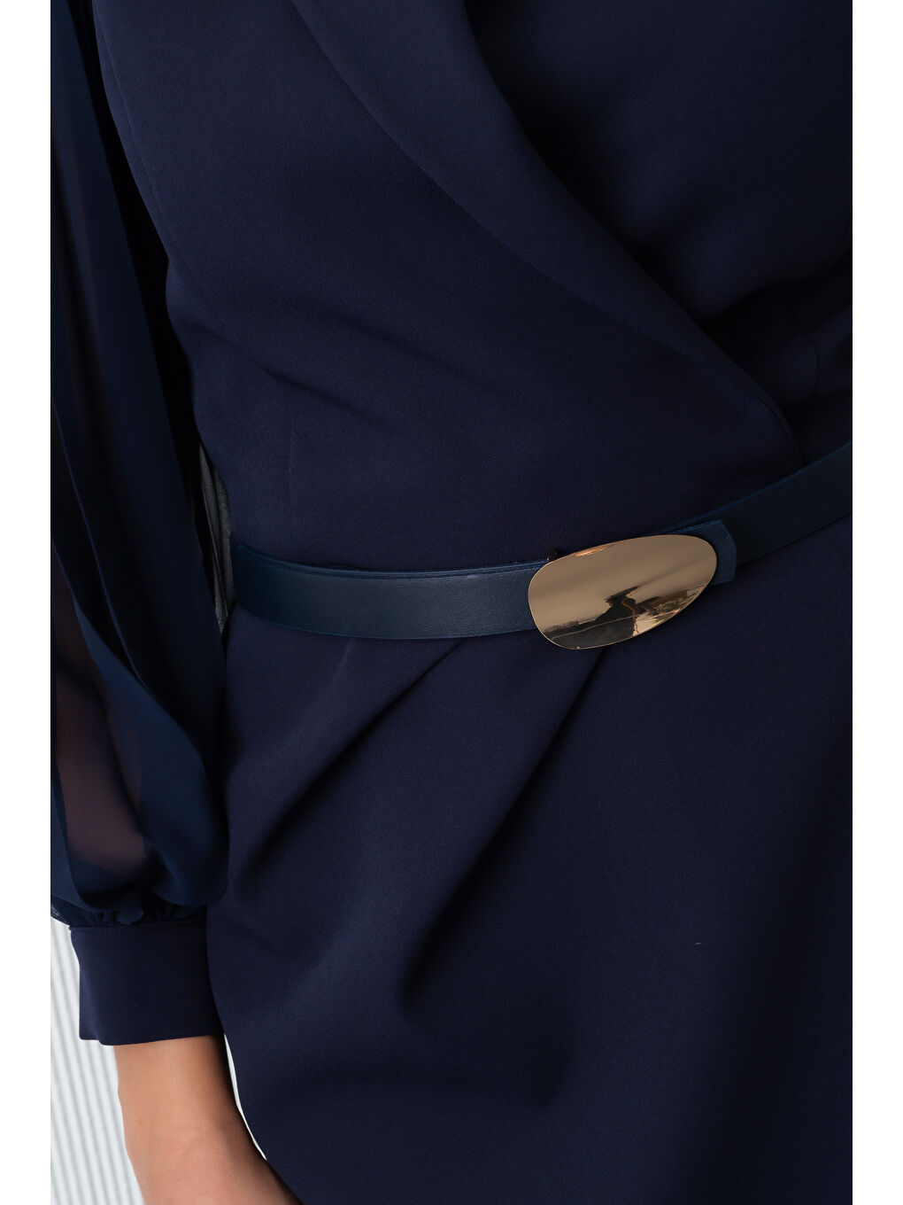 Kadın Lacivert Kemerli Midi Abiye Elbise-3