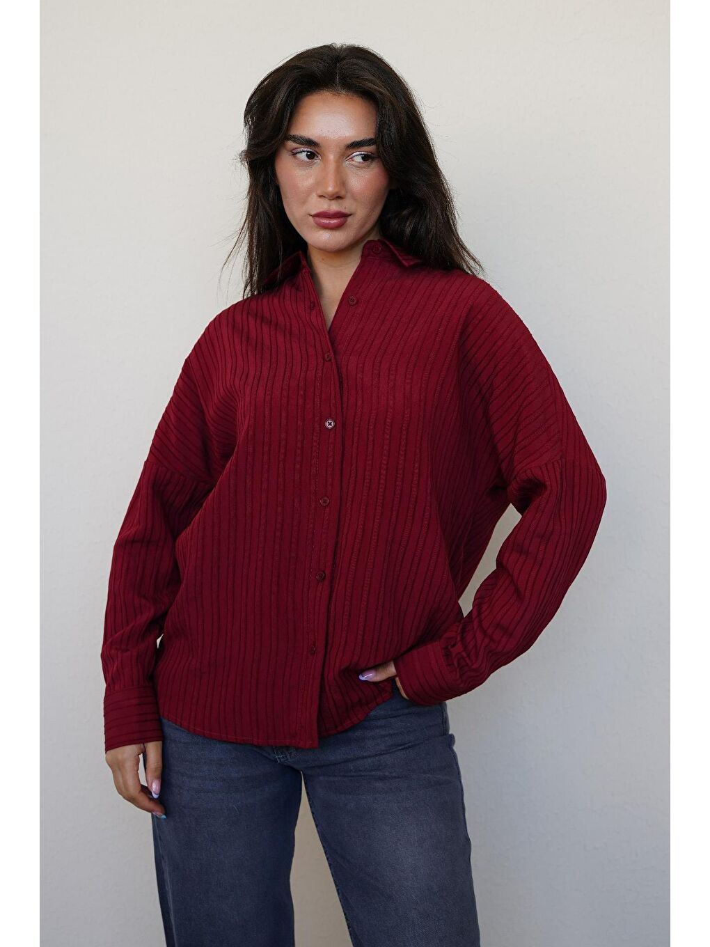 Bordo Uzun Kollu Çizgili Oversize Gömlek Mg2080-3