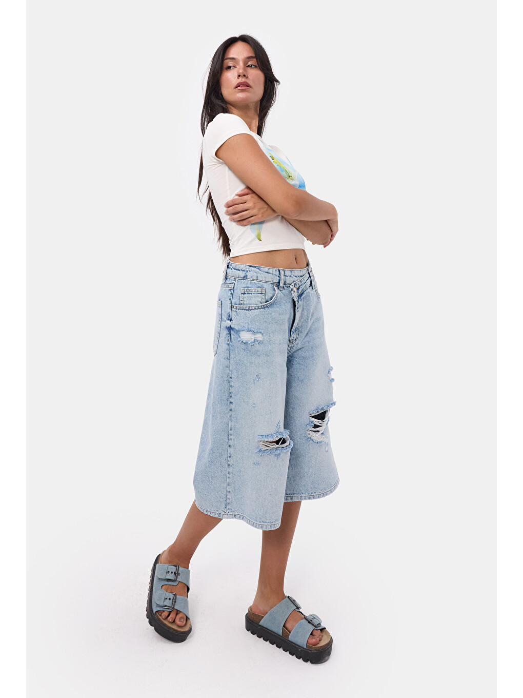 Mavi Kadın Ice 12s6-3 Kemer Detaylı Maxi Denim Bermuda Jort-6