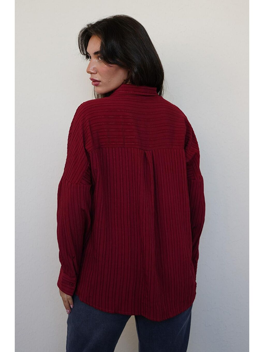 Bordo Uzun Kollu Çizgili Oversize Gömlek Mg2080-4