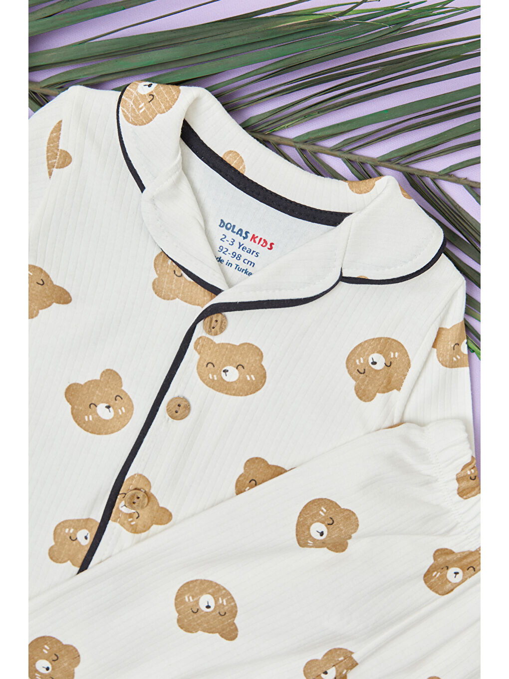 Kahverengi Ayıcık Baskılı Fitilli Unisex Çocuk Pijama Takımı-1