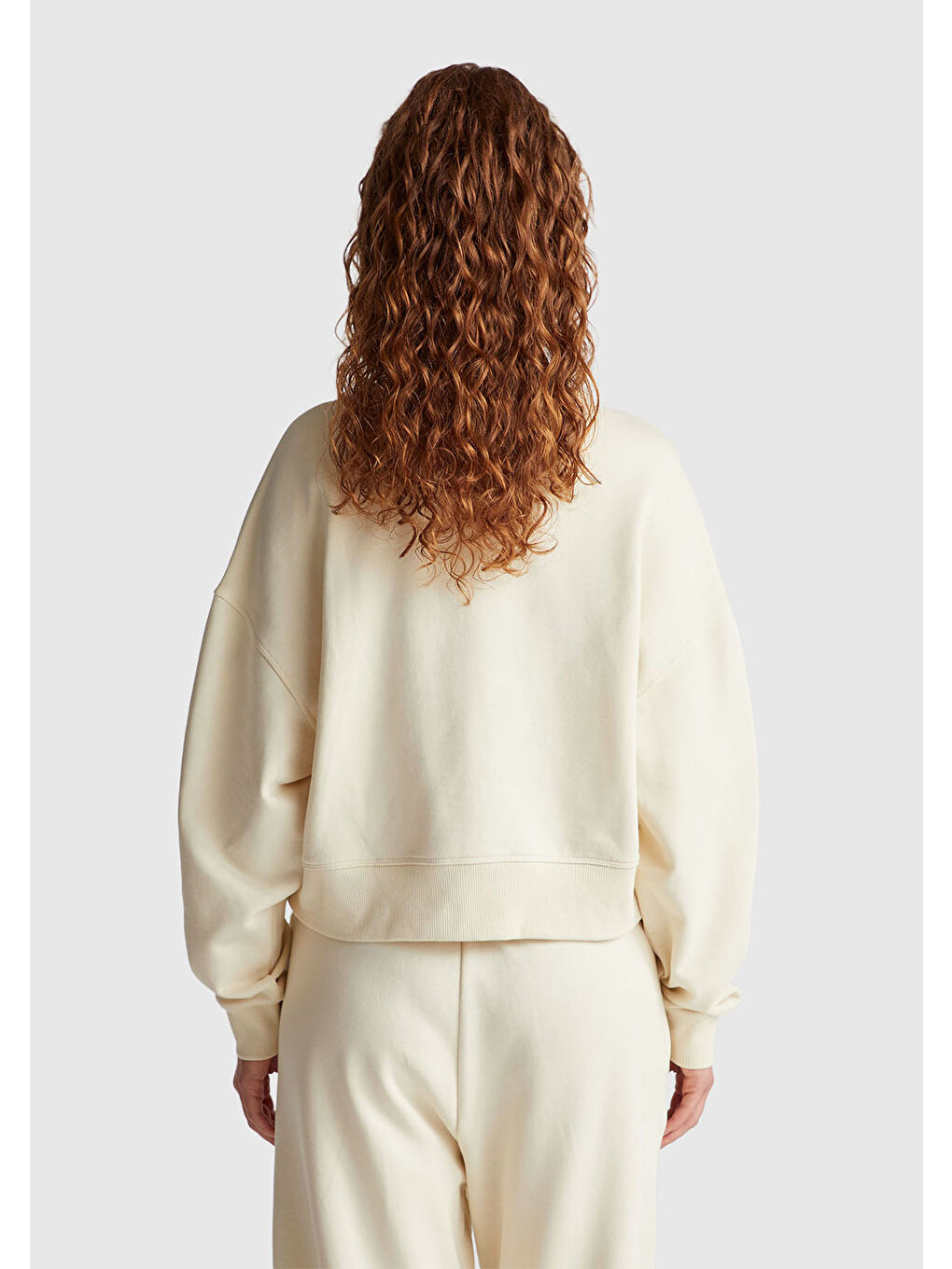 Ekru Kadın Krem %100 Pamuk Ribana Detaylı Bisiklet Yaka Sweatshirt-2