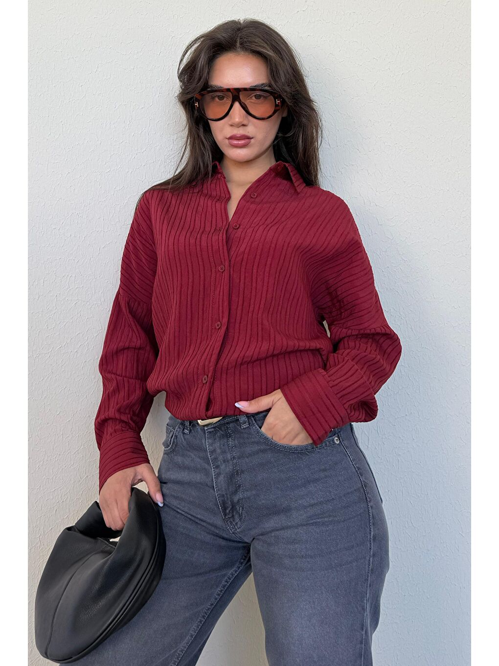 Bordo Uzun Kollu Çizgili Oversize Gömlek Mg2080-5