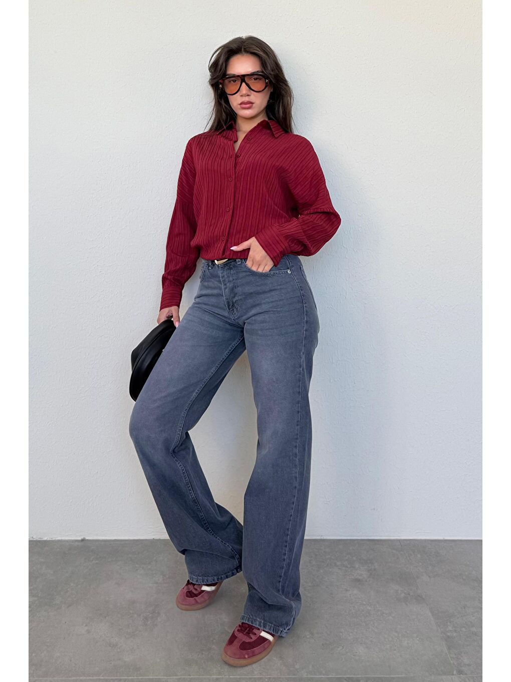 Bordo Uzun Kollu Çizgili Oversize Gömlek Mg2080-6