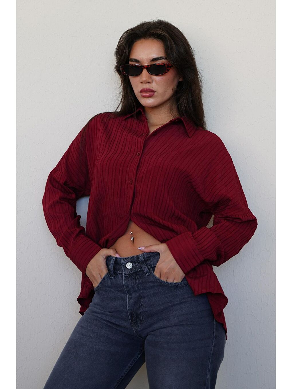 Bordo Uzun Kollu Çizgili Oversize Gömlek Mg2080-7