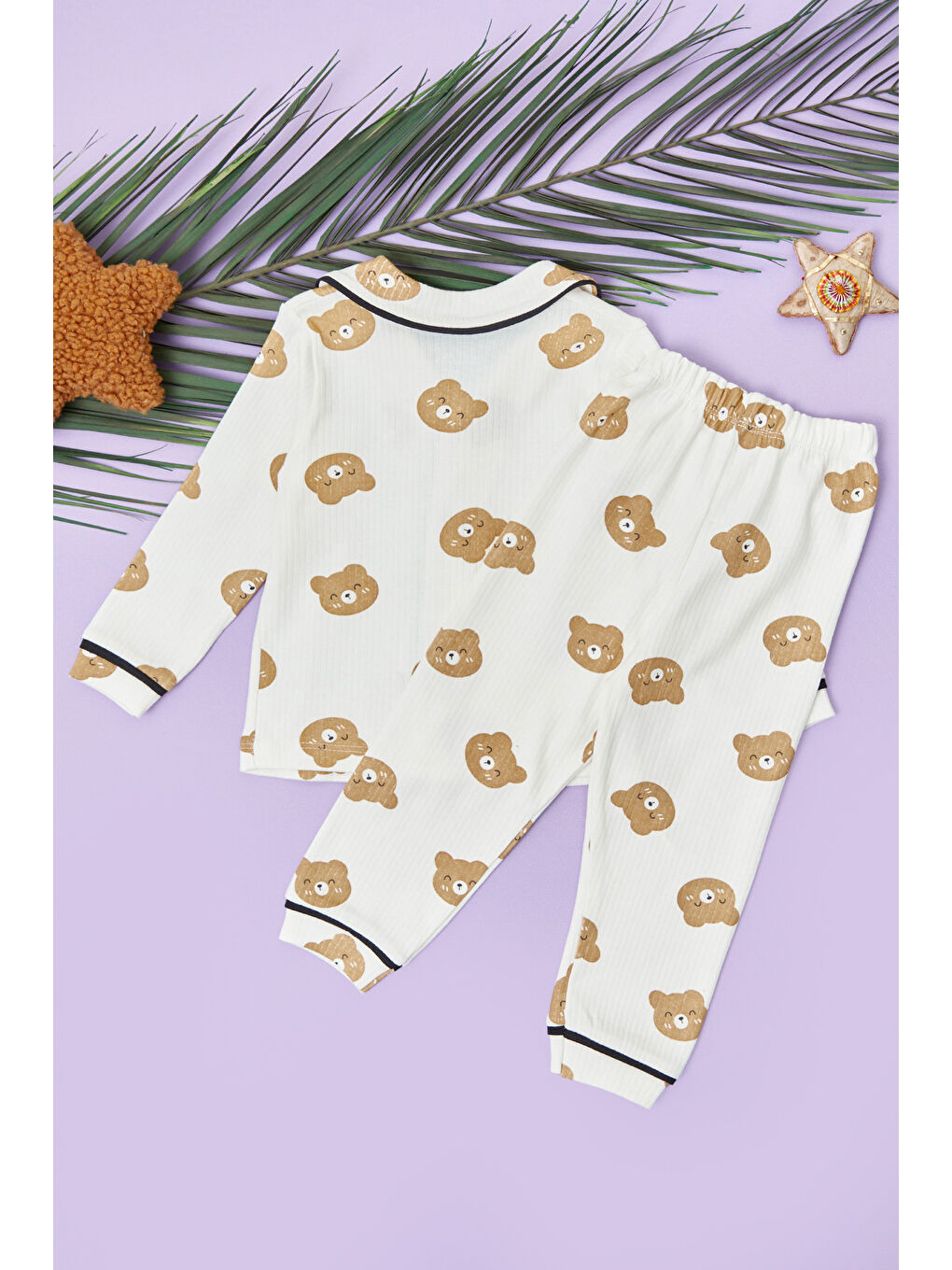 Kahverengi Ayıcık Baskılı Fitilli Unisex Çocuk Pijama Takımı-2