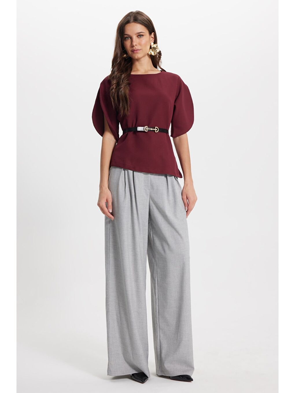Kadın Slim Fit Dar Kesim Kol Detaylı İnce Kemerli Fermuarlı Bordo Bluz Gömlek-1