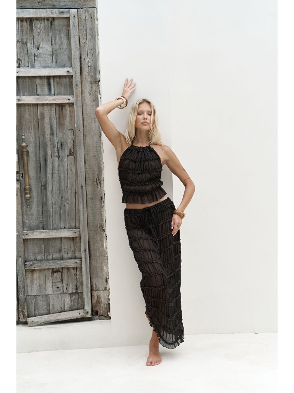 Kahverengi Sofi Transparan Kahve Crop Etek Takım