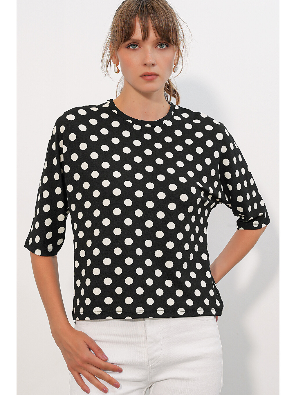 Kadın Puantiyeli Oversize Bluz 40010 - Siyah-2